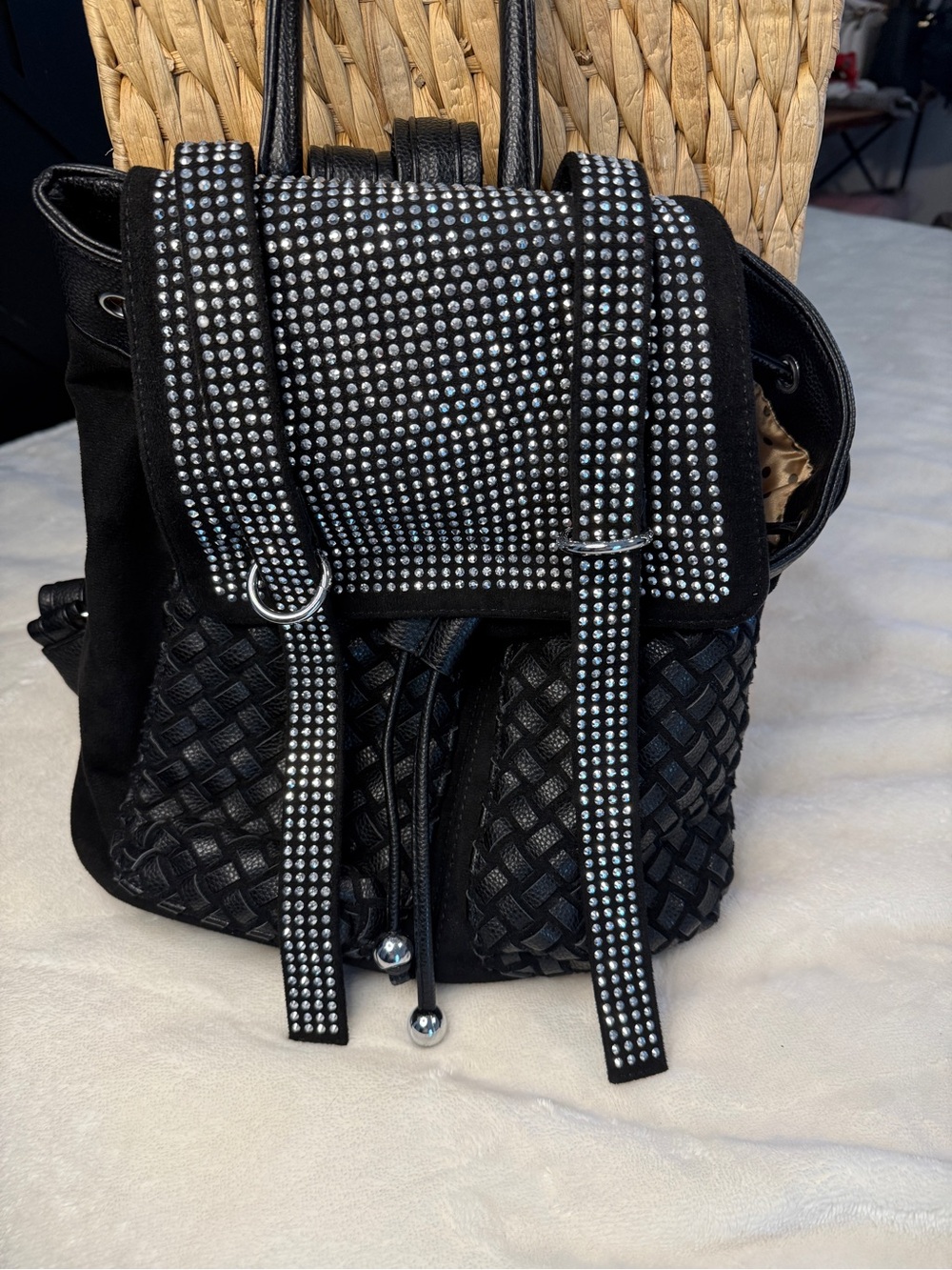 Y2K Glam Woven Rhinestone Drawstring Backpack - Black - Picture 2 of 9